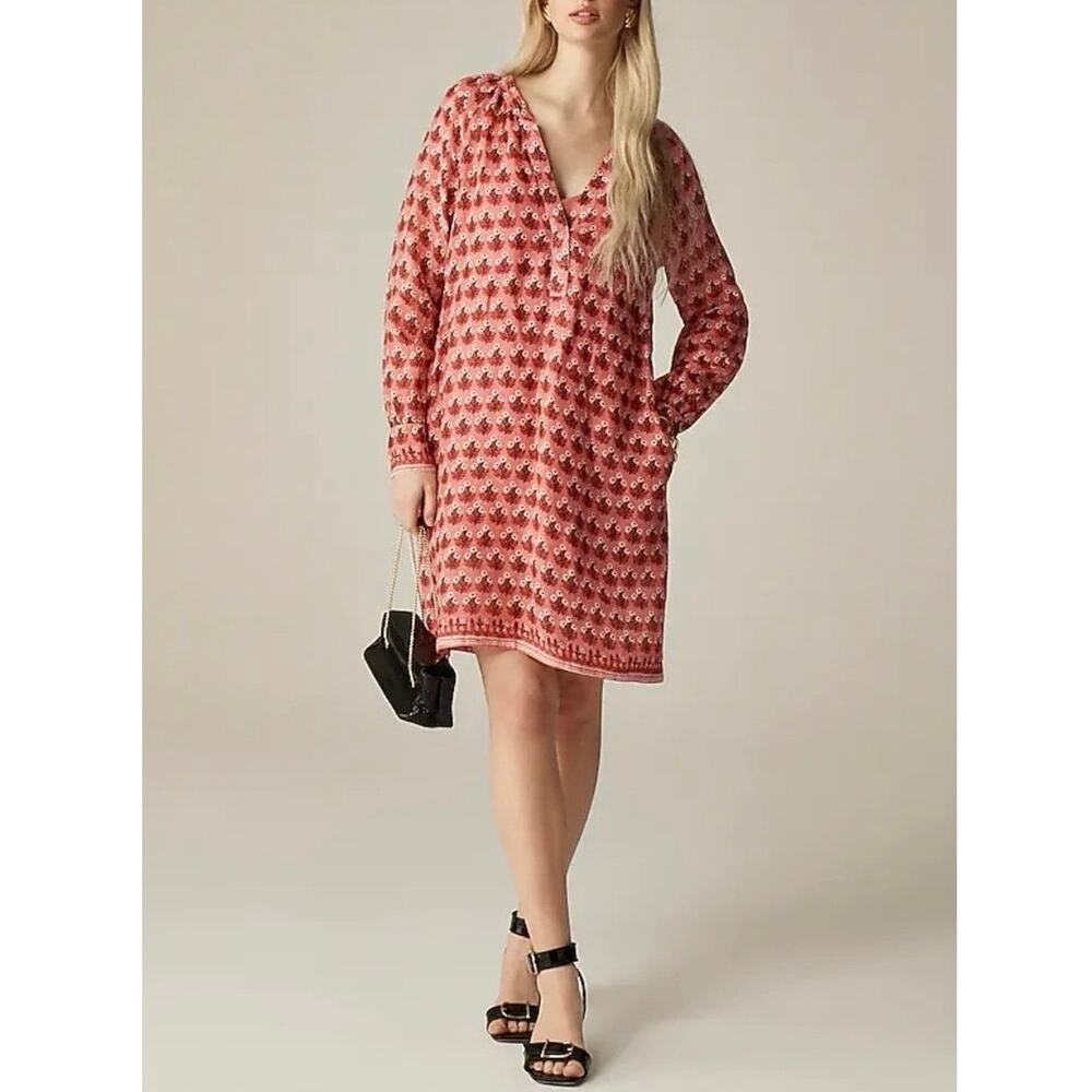 NWT J.Crew Cabana Mini Dress 100% Ramie Block-Print Coral Multi Size Medium